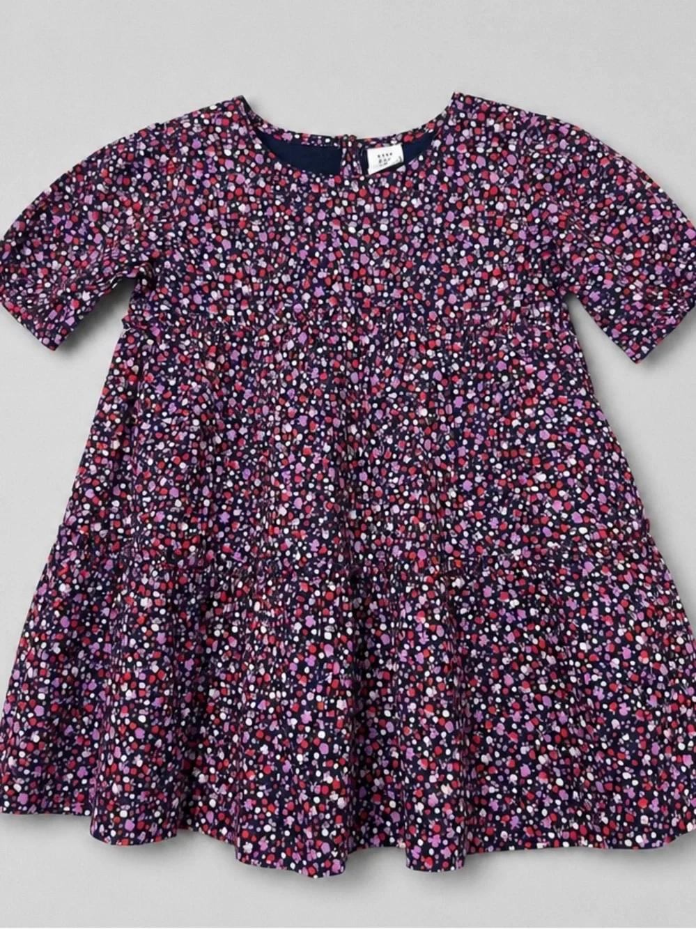 Baby GAP navy and purple floral print tiered ruffle puff sleeve cotton dress NWT